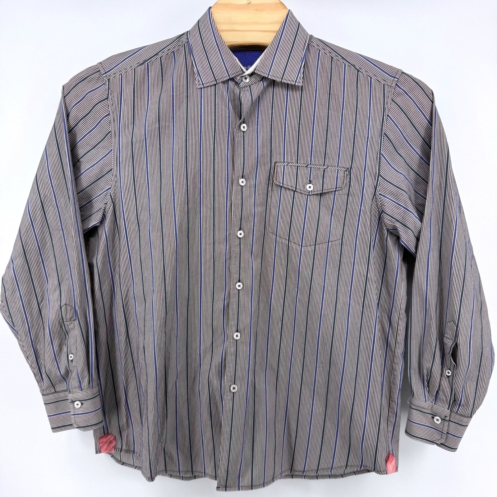 Tommy Bahama Button Down Shirt Large Blue Brown Stripe Cotton Long Sleeve T34463 - Picture 2 of 6